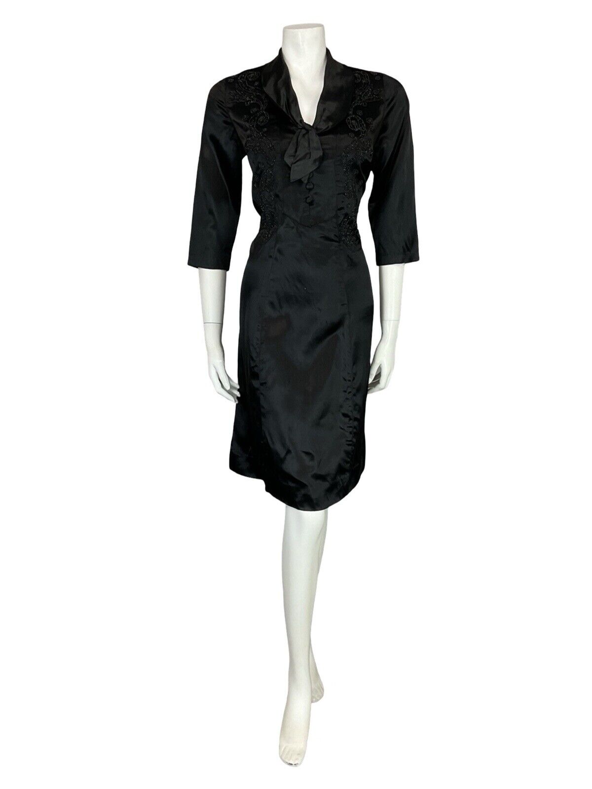 VTG 60S 1/2 SLEEVE BLACK SATIN TIE NECK EMBELLISHED BEADED LITTLE BLACK DRESS 12