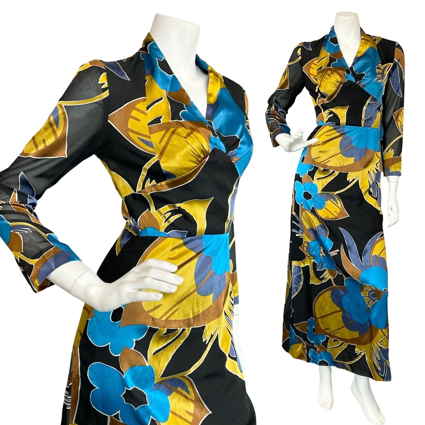 VTG 70S BLACK BLUE YELLOW FLORAL PLUNGING 3/4 SLEEVE EVENNG PARTY MAXI DRESS 4