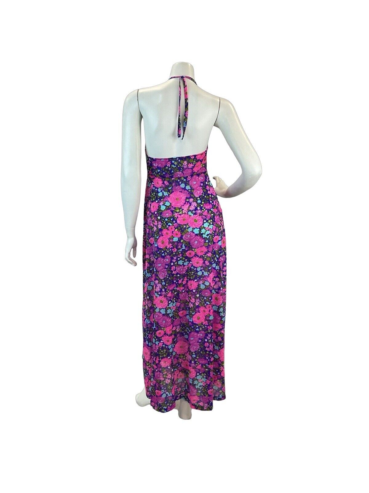 VTG 60s 70s BRIGHT PINK PURPLE BLUE FLORAL HALTERNECK MAXI DRESS 4 6