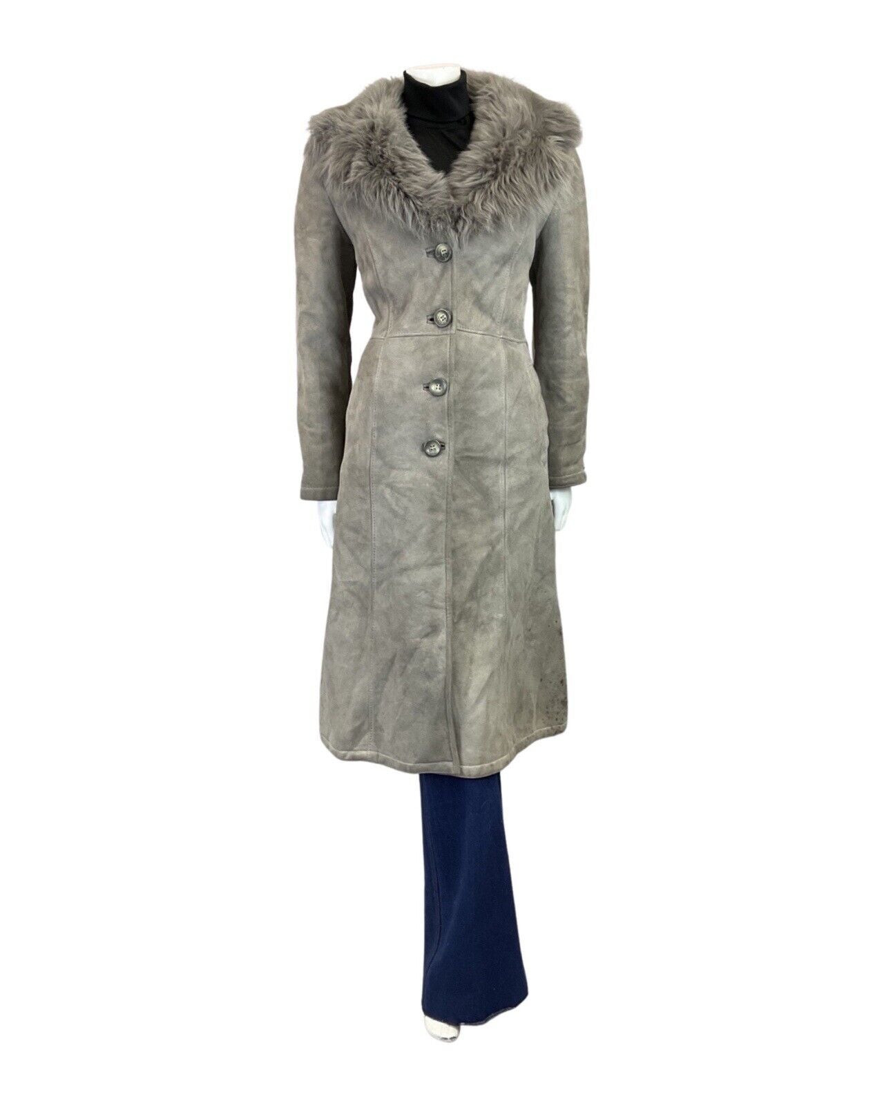 VINTAGE 60s 70s STONE GREY SUEDE LEATHER SHEARLING COLLAR PRINCESS COAT 12 14