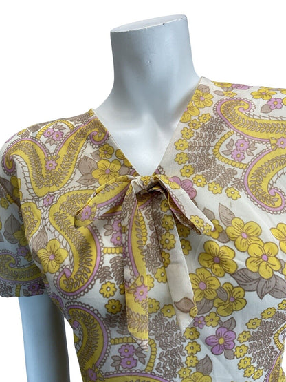 VTG 60S MOD SCOOTER SECRETARY PAISLEY MINI SHIFT DRESS PINK YELLOW WHITE 14 16