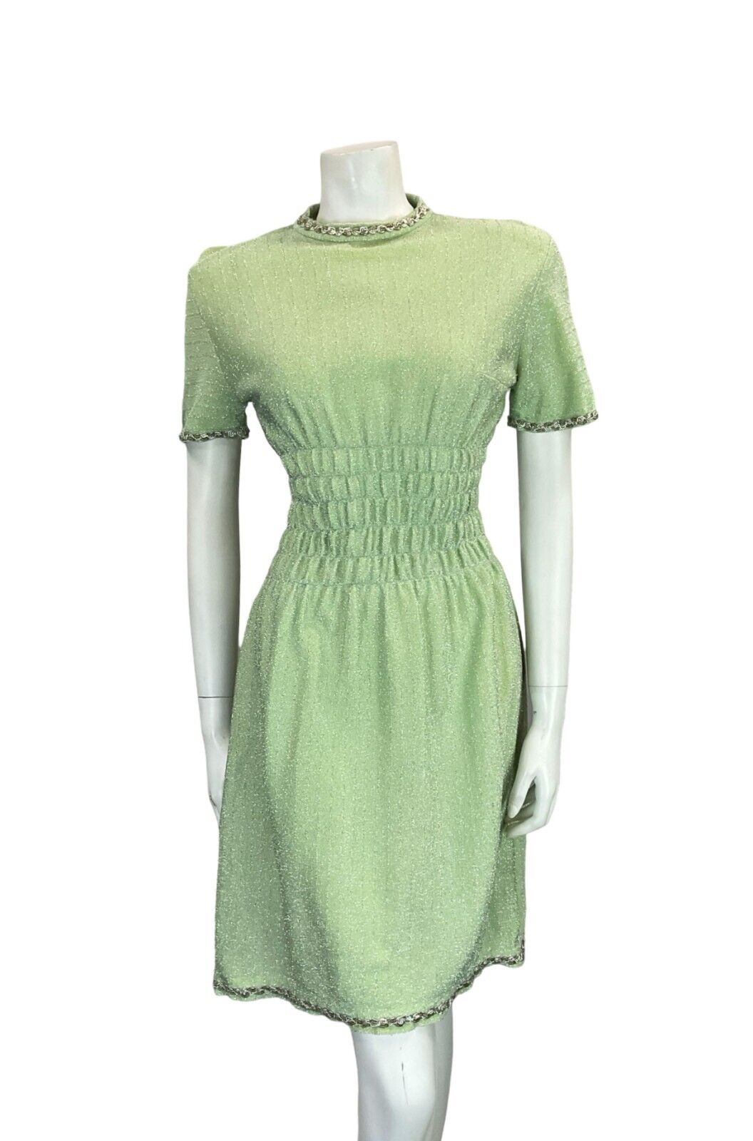 VTG 60S PASTEL GREEN SILVER TRIM T SHIRT MINI DRESS WITH ELASTICATED WAIST 6 8