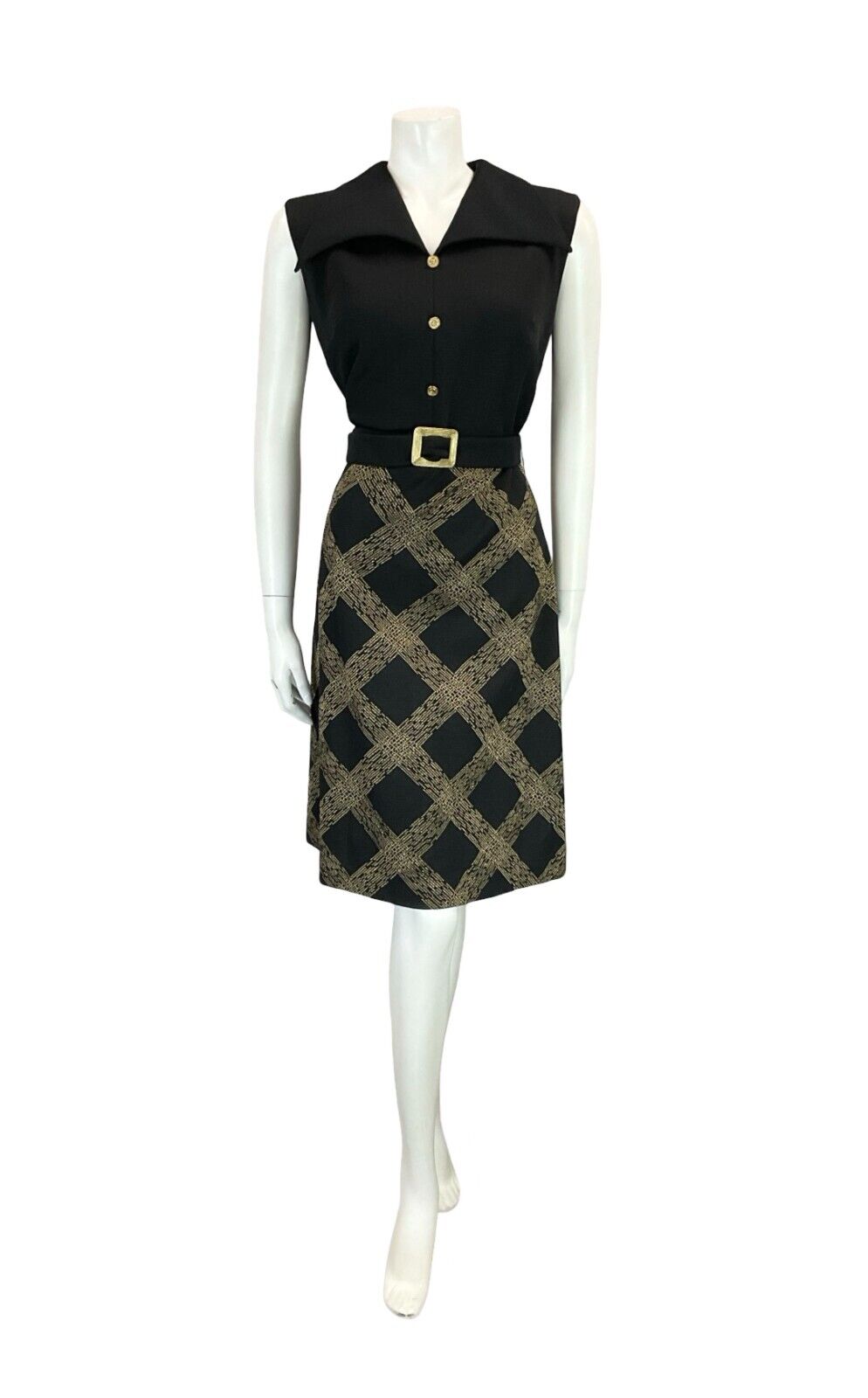 VTG 60S 70S BLACK GOLD CHECKED BELTED WING COLLAR SLEEVELESS SHRT DRESS 14 16