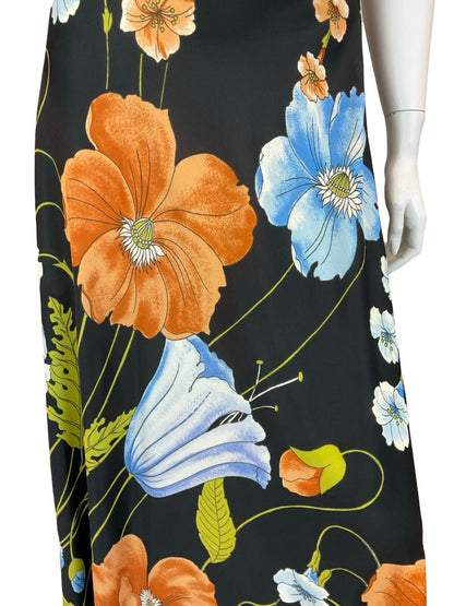 VTG 70S GLAM FLORAL SHIFT MAXI DRESS BLACK ORANGE BLUE GREEN 6