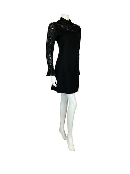 VTG 60S WOOL LACE BLACK FELTED FUNNEL NECK FLUTE SLEEVE PARTY MINI DRESS S