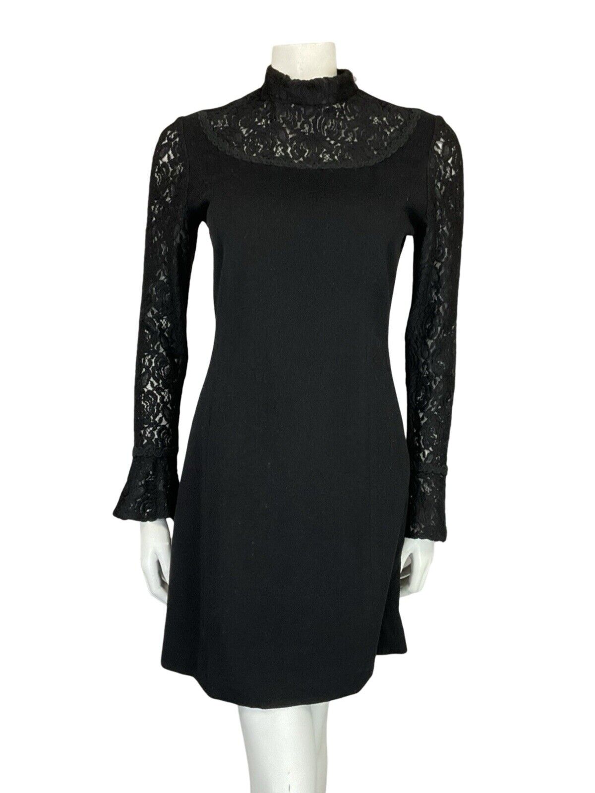 VTG 60S WOOL LACE BLACK FELTED FUNNEL NECK FLUTE SLEEVE PARTY MINI DRESS S