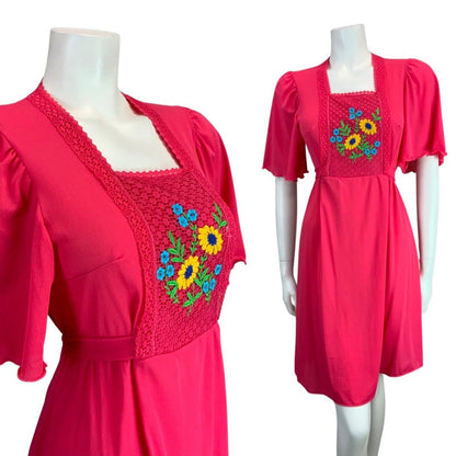 VINTAGE 1970s HOT PINK YELLOW BLUE BOHO FLORAL EMBROIDERED DRESS 8 10