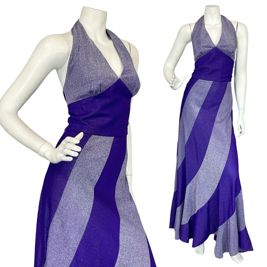 VTG 70S PURPLE LILAC STUDIO 54 TWIST & FLARE DISCO HALTER NECK MAXI DRESS S 8 10