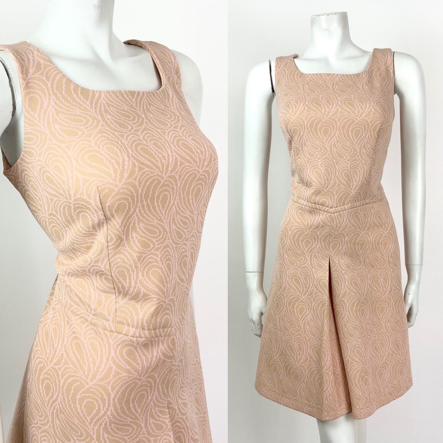 VINTAGE 60s 70s BEIGE BABY PINK SWIRL PSYCHEDELIC PAISLEY SLEEVELESS DRESS 12