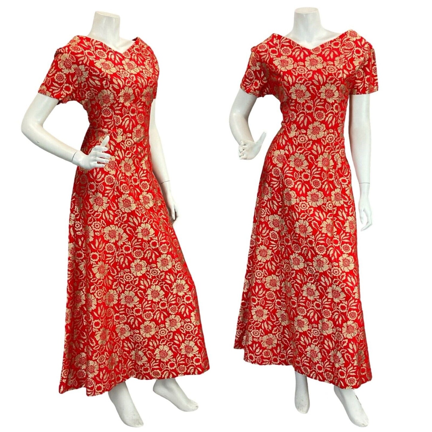 VTG 60S FOMR FITTING RED GOLD FLORAL EVENING PARTY SHORT SLEEVE MAXI DRESS 12