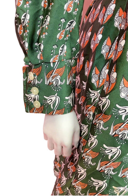 VINTAGE 60s 70s GREEN ORANGE WHITE FLORAL PSYCHEDELIC DAGGER SHIRT DRESS 14 16