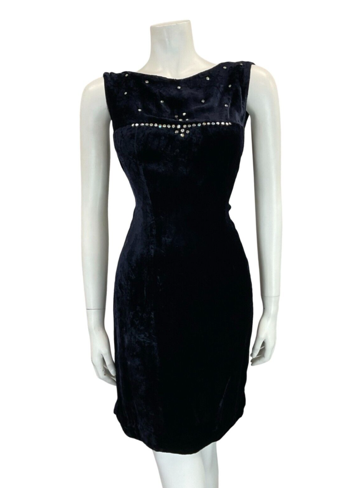 *needs close upVTG 60S NAVY BLUE HANDMADE VELVET DIAMANTE BOAT NECK MINI DRESS 8