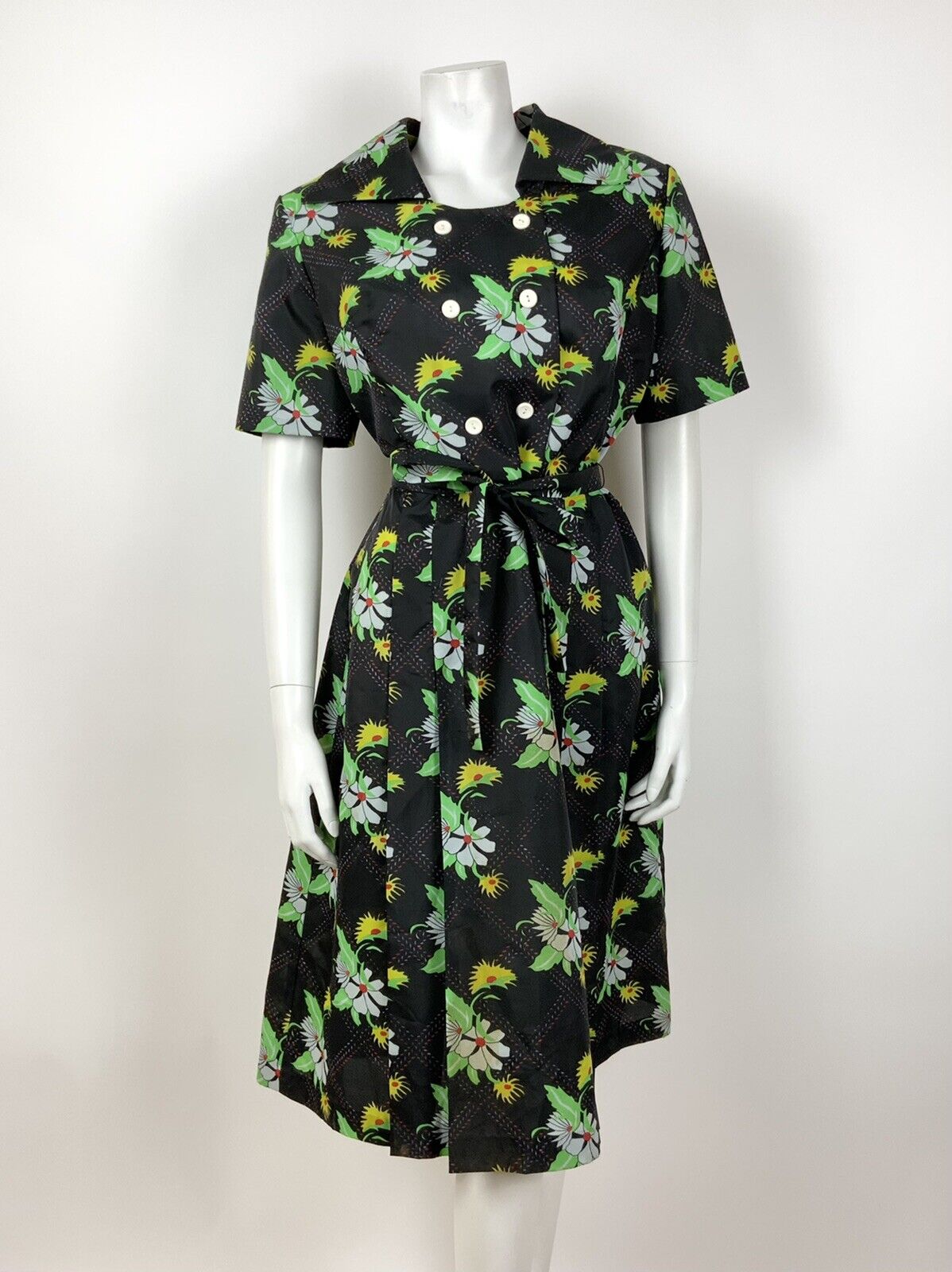 VINTAGE 60s 70s BLACK GREEN YELLOW WHITE CHECKED FLORAL BELTED SWING DRESS 14 16