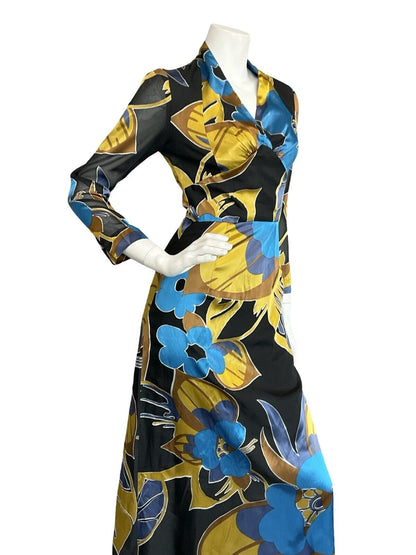 VTG 70S BLACK BLUE YELLOW FLORAL PLUNGING 3/4 SLEEVE EVENNG PARTY MAXI DRESS 4