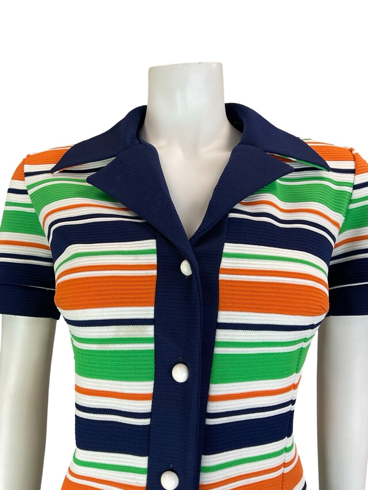 VTG 60S 70S STRIPED NAVY BLUE WHITE ORANGE GREEN JOHHNY COLLAR SHIRT DRESS 14 16