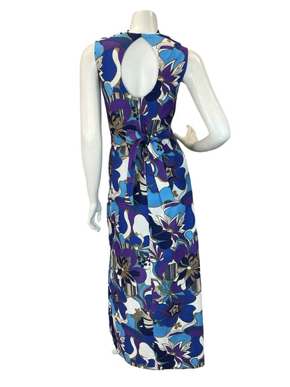 VTG 60S 70S PSYCHEDELIC BLUE PURPLE WHITE FLORAL PARTY MAXI DRESS 8 10