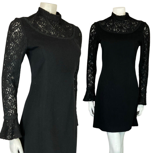 VTG 60S WOOL LACE BLACK FELTED FUNNEL NECK FLUTE SLEEVE PARTY MINI DRESS S