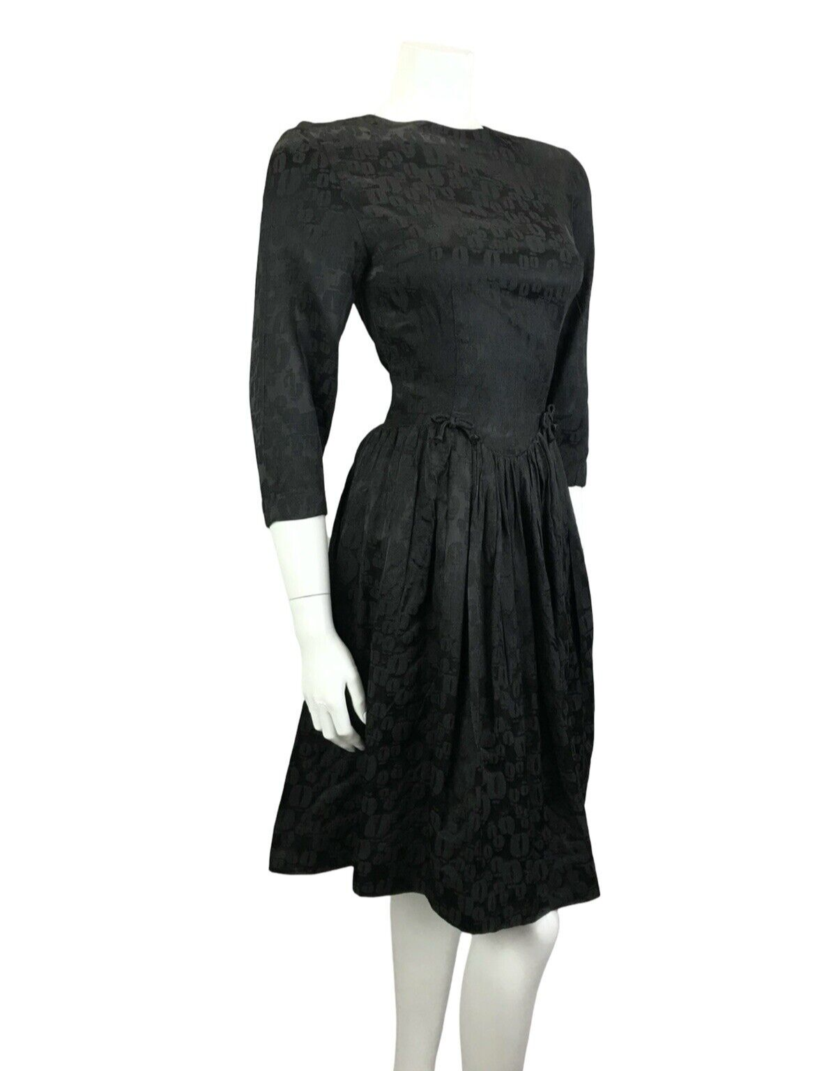VTG 60S BLACK LEOPARD PRINT BROCADE FITTED DROPPED WAIST BOW PARTY LBD DRESS 6