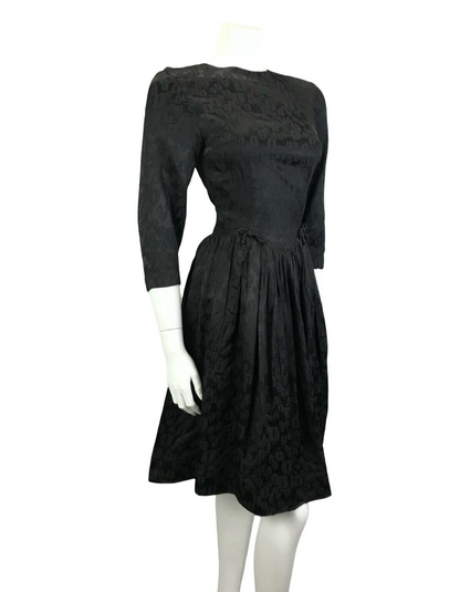 VTG 60S BLACK LEOPARD PRINT BROCADE FITTED DROPPED WAIST BOW PARTY LBD DRESS 6