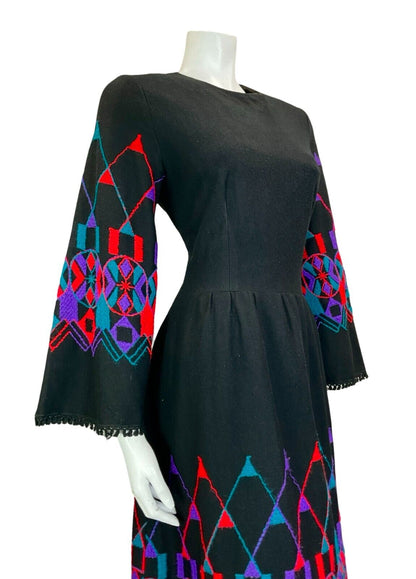 VTG 70S EMBROIDERED WOOL FLARE SLEEVE BLACK PURPLE TEAL RED MIDI DRESS 8 10 S