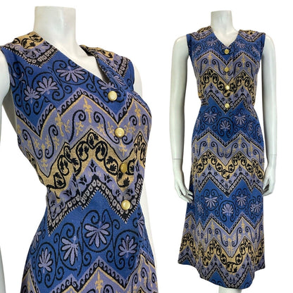 VTG 60S BLUE YELLOW BLACK SLEEVELESS BUTTON UP ZIG ZAG MIDI DRESS 16 18 L