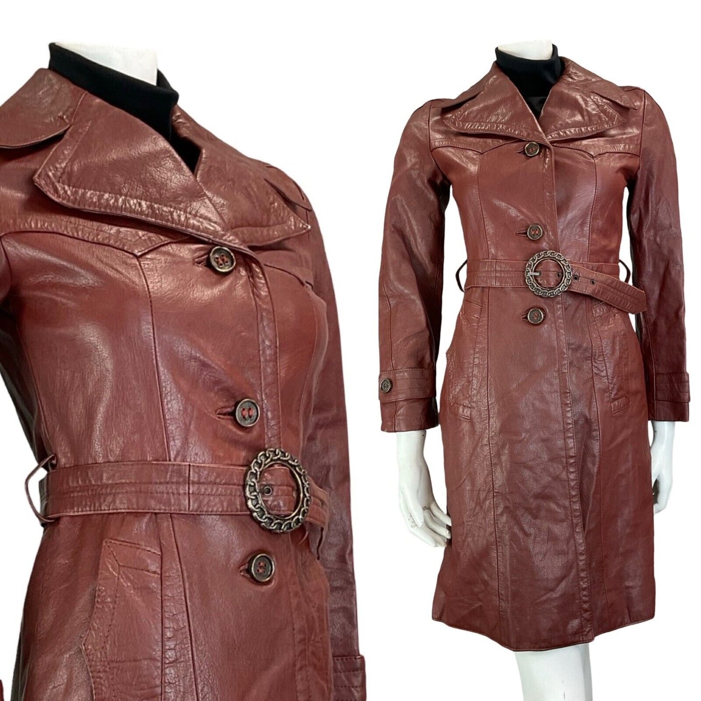 VTG 70S OXBLOOD RED LEATHER FORM FITTING TRENCH COAT WITH BELT SIZE 4