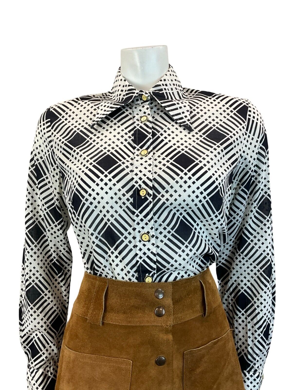 VTG 60S 70S GEOMETRIC PSYCHDELIC BLACK WHITE LONG SLEEVE DAGGER COLLAR SHIRT 12