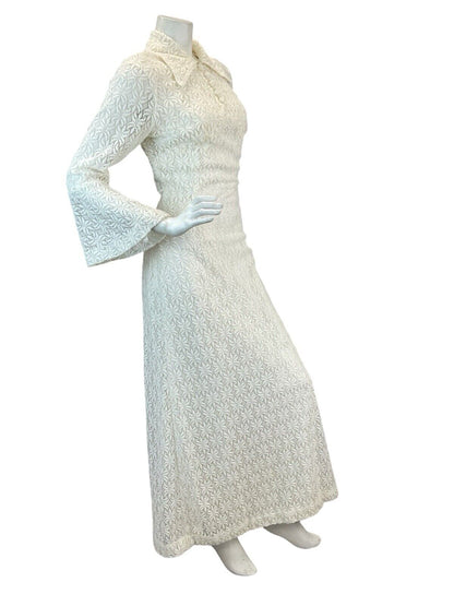 VTG 70s WHITE BEADED FLORAL DAGGER COLLAR BELL SLEEVE MAXI DRESS SIZE 6 8 10 12