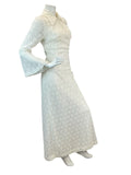 VTG 70s WHITE BEADED FLORAL DAGGER COLLAR BELL SLEEVE MAXI DRESS SIZE 6 8 10 12