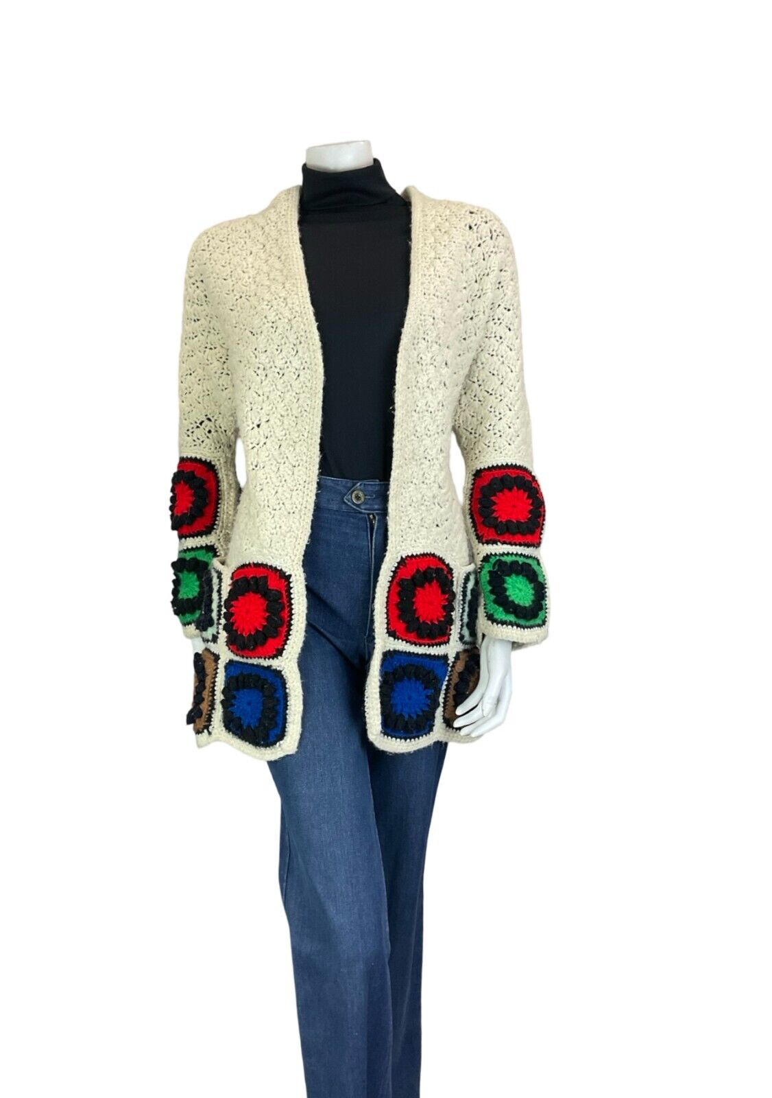 VTG 70S HAND KNIT CROCHET PATCHWORK RED BLUE CREAM NORDIC SCANDI CARDIGAN 10 12