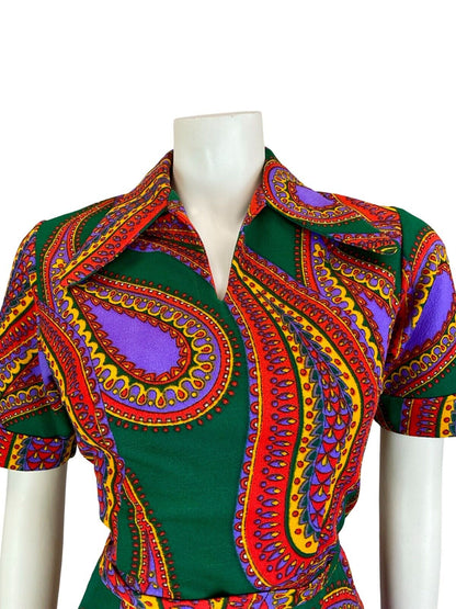 VTG 60S 70S BEAGLE COLLAR PSYCHEDELIC PAISLEY GREEN PURPLE RED SHIRT DRESS 12 14