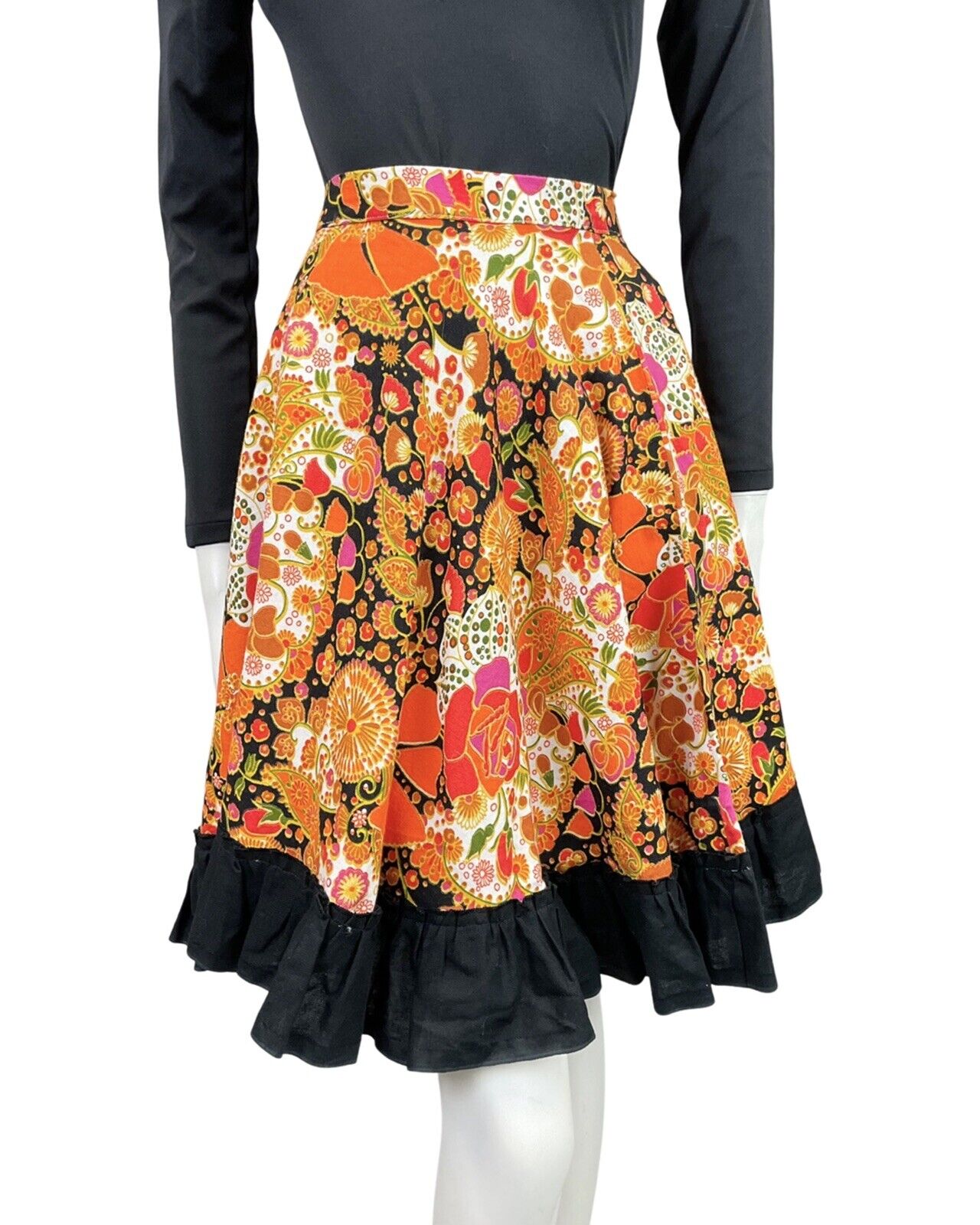 VINTAGE 60s 70s ORANGE PINK BLACK PSYCHEDELIC FLORAL RUFFLED CIRCLE SKIRT 10 12