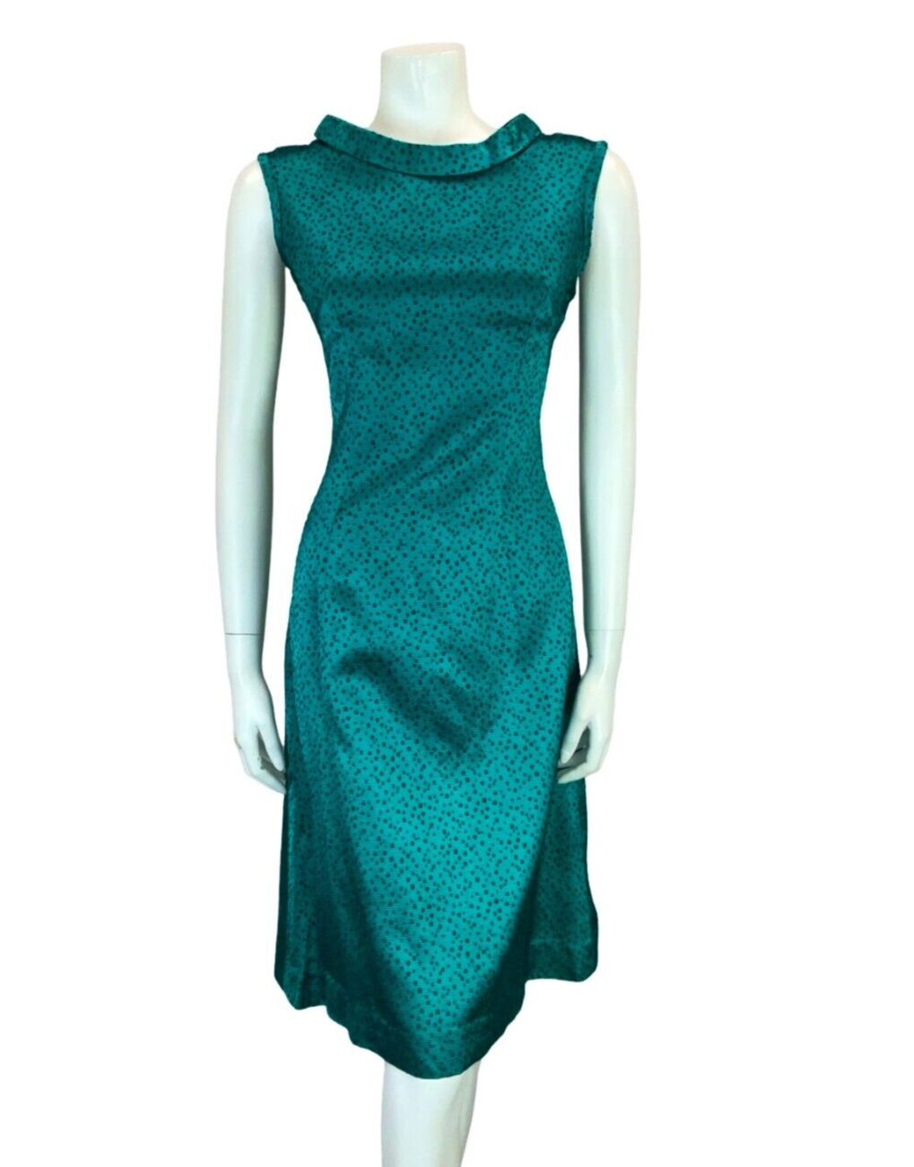 VTG 60S TEAL BLUE BLACK DOTTY SHINY TIE NECK SLEEVELESS OCCASION DRESS 12