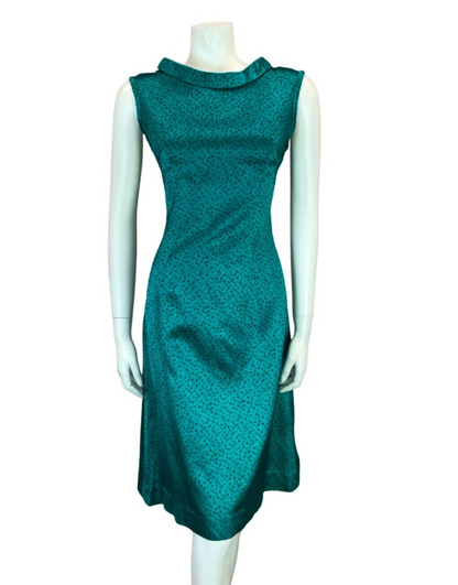 VTG 60S TEAL BLUE BLACK DOTTY SHINY TIE NECK SLEEVELESS OCCASION DRESS 12