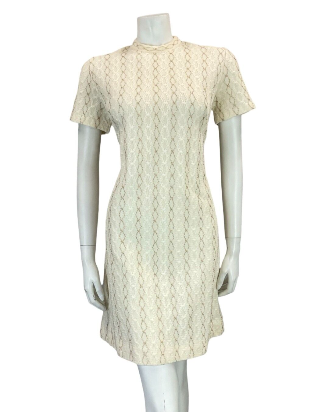 VTG 60S MOD WOOL KNITTED TEXTURE CREAM GOLD SHORT SLEEVE MINI DRESS 11