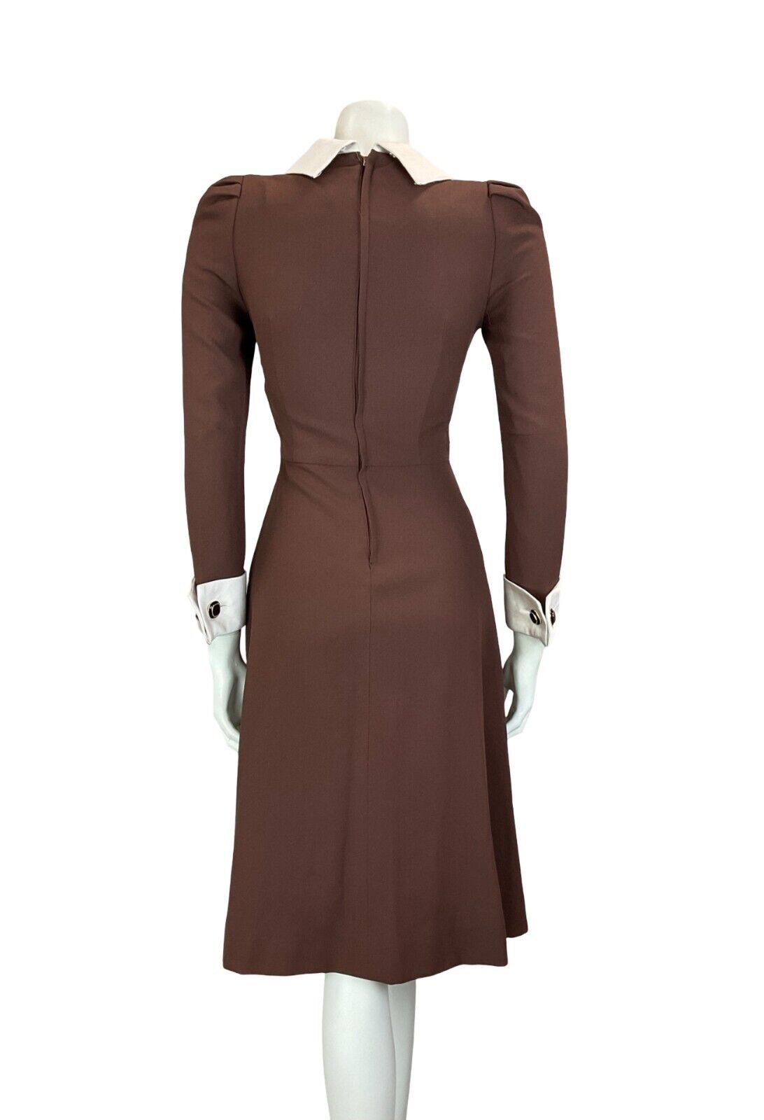 VTG 70S BROWN WHITE WING COLLAR PLEATED LONG SLEEVE MIDI DRESS SIZE 6