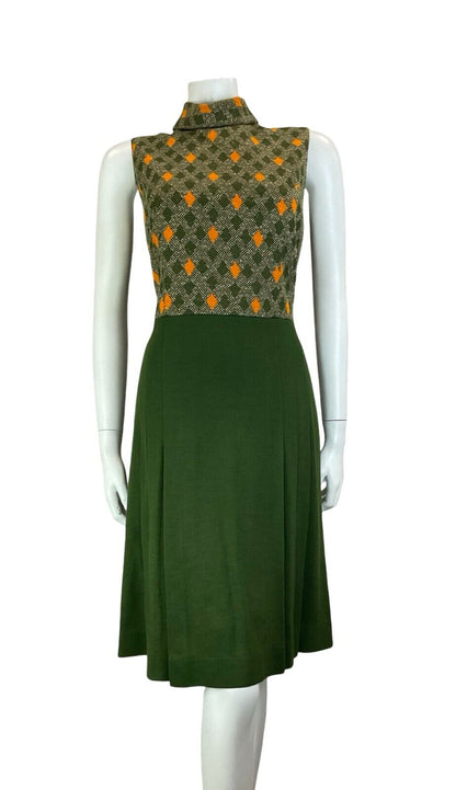 VTG 60S 70S DARK GREEN ORANGE DIAMOND CHECKED SLEEVELESS MIDI DRESS SIZE S 8 10