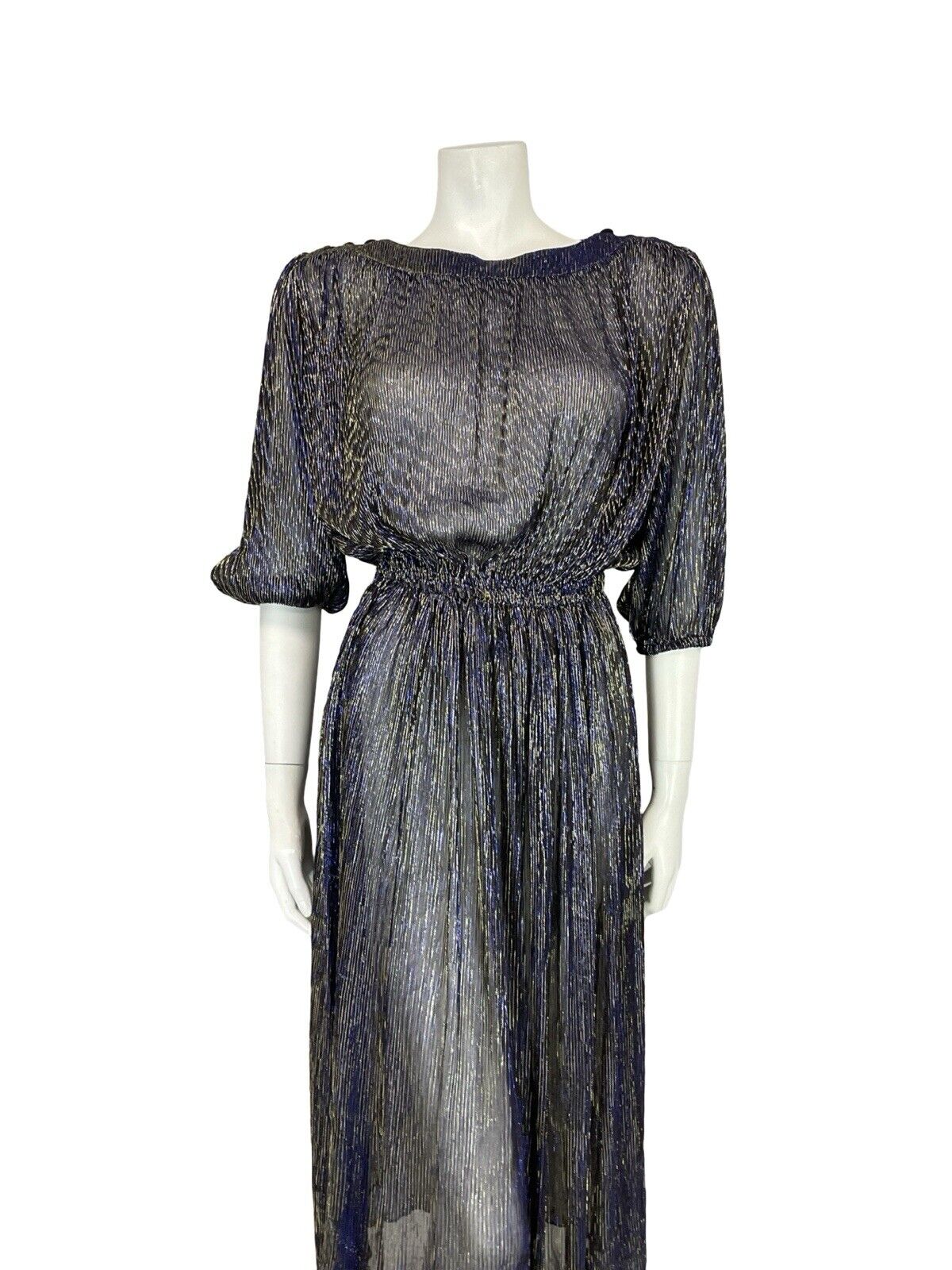 VTG 70S STUDIO 54 DISCO STRIPED NAVY BLUE GOLD LUREX MESH MIDI DRESS 12 10 14