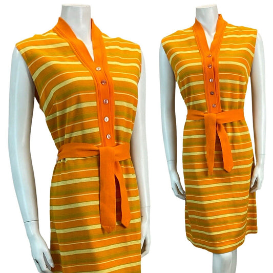 VTG 60S MOD GOGO SCOOTER STRIPED JACQUARD MINI DRESS ORANGE YELLOW 12 14 16