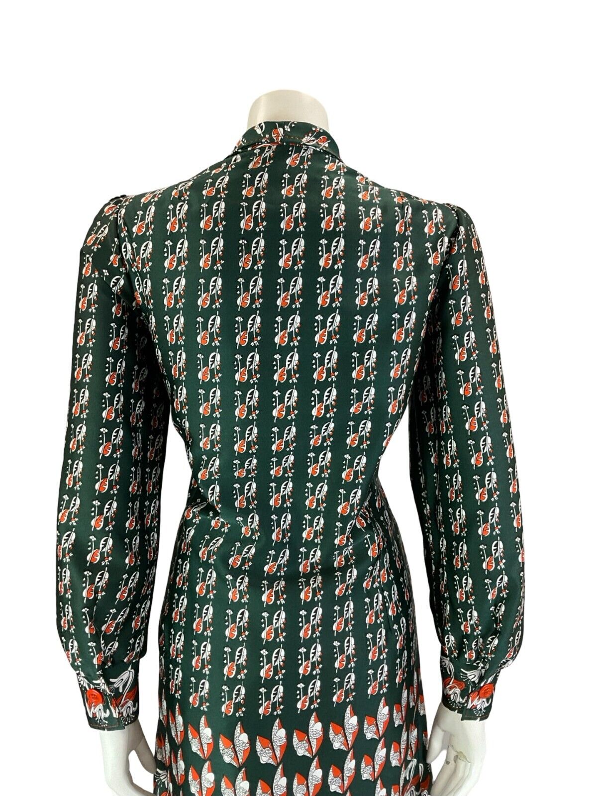 VTG 70S ART NOUVEAU ACORN GREEN ORANGE WHITE FLORAL SHIRT DRESS SIZE 12 14