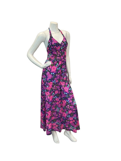 VTG 60s 70s BRIGHT PINK PURPLE BLUE FLORAL HALTERNECK MAXI DRESS 4 6