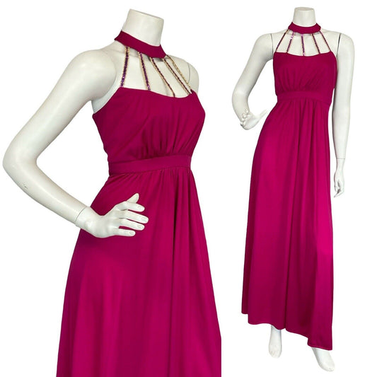 VTG 70S HOT PINK SEQUIN FLOATY STUDIO 54 DISCO HALTER NECK EMPIRE MAXI DRESS 12