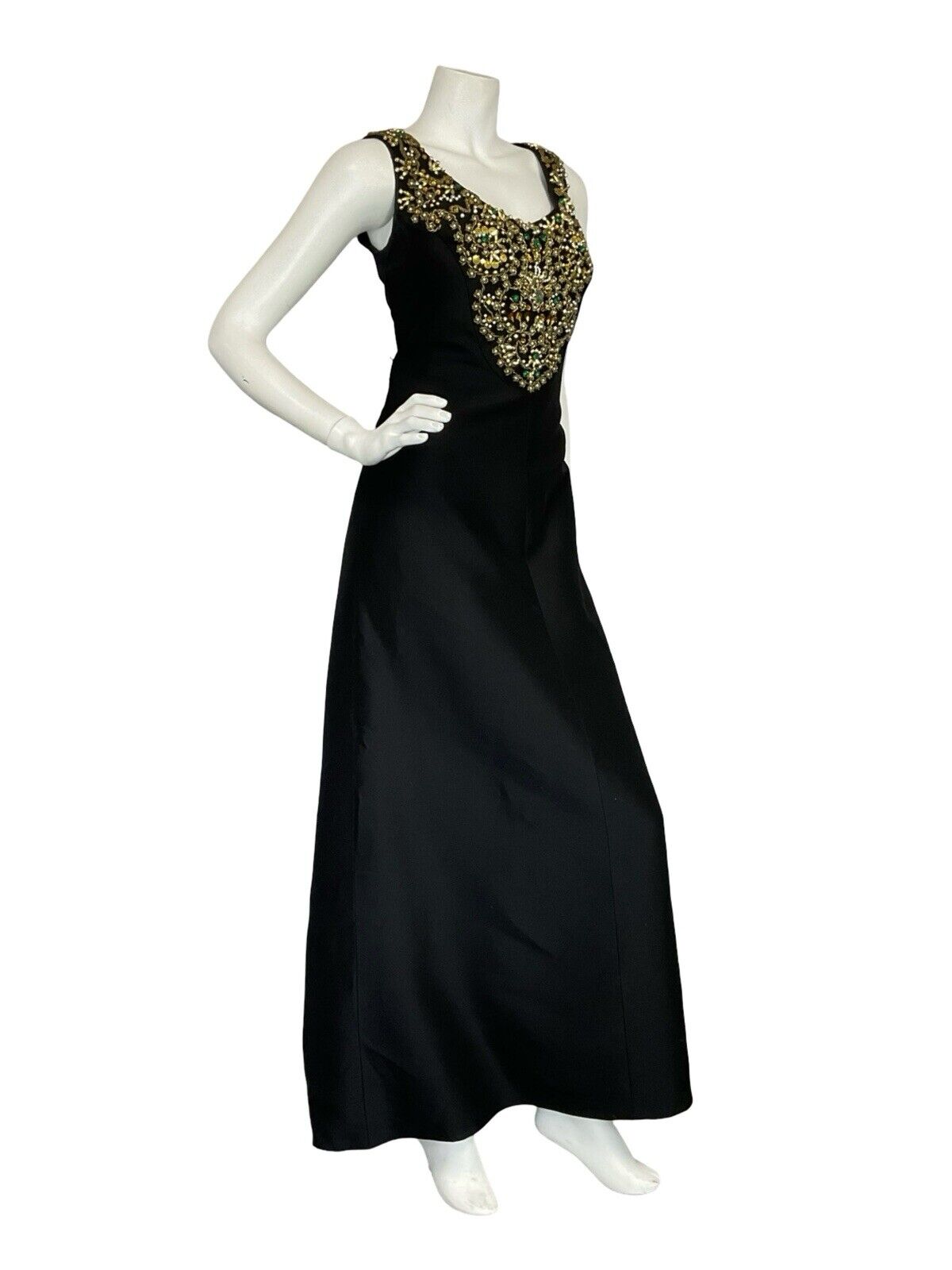 VTG 60S BLACK GOLD PEARL SEQUIN BEADED EMBELLISHED MAXI PARTY DRESS 10