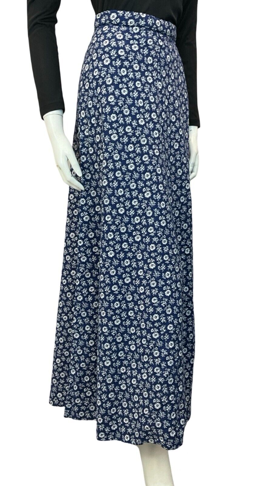 VTG 70S NAVY BLUE WHITE DAINTY FLORAL PATTERNED MAXI SKIRT SIZE 6