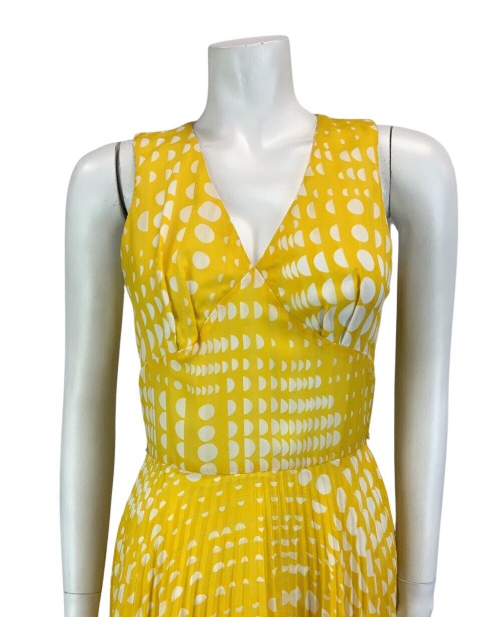 VINTAGE 60s 70s YELLOW WHITE POLKA DOT FLOATY PLEATED MIDI DRESS 10