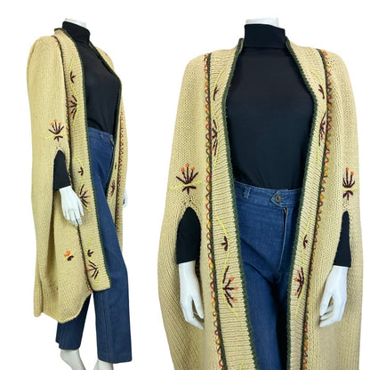 VTG 70S NORDIC CREAM GREEN BURGUNDY FLORA HAND KNIT CAPE CARDIGAN FREE SIZE L XL