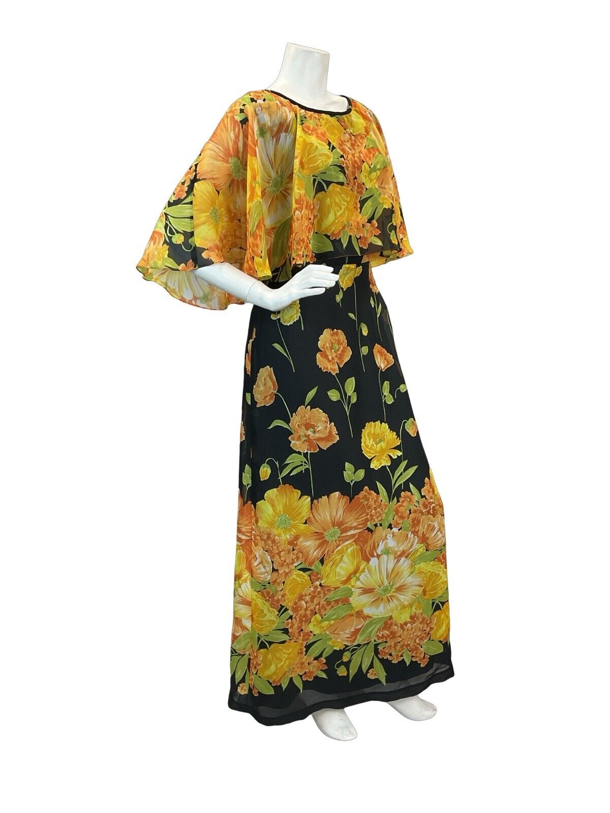 VTG 60s 70s CAPE SLEEVE ORANGE YELLOW GREEN BLACK FLORAL MAXI DRESS 10 12