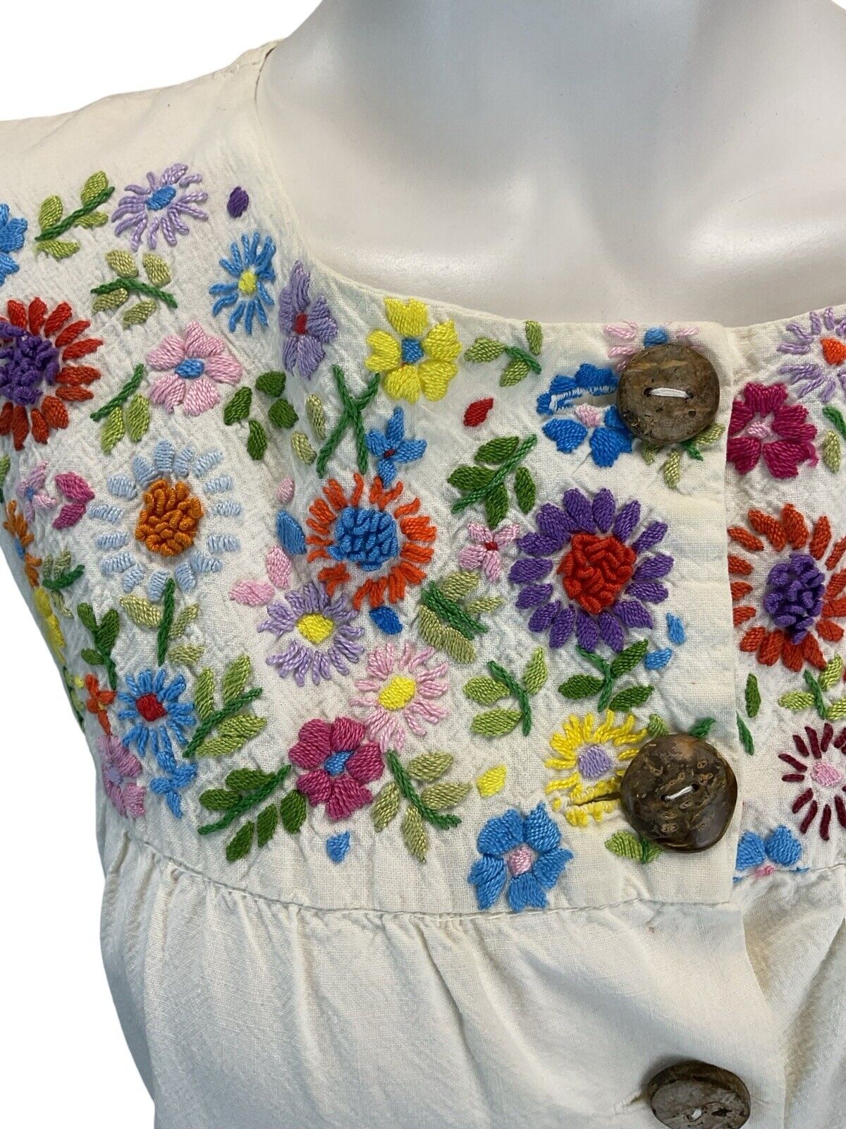 VTG 70S EMBROIDERED FLORAL SMOCK MINI DRESS 10 12