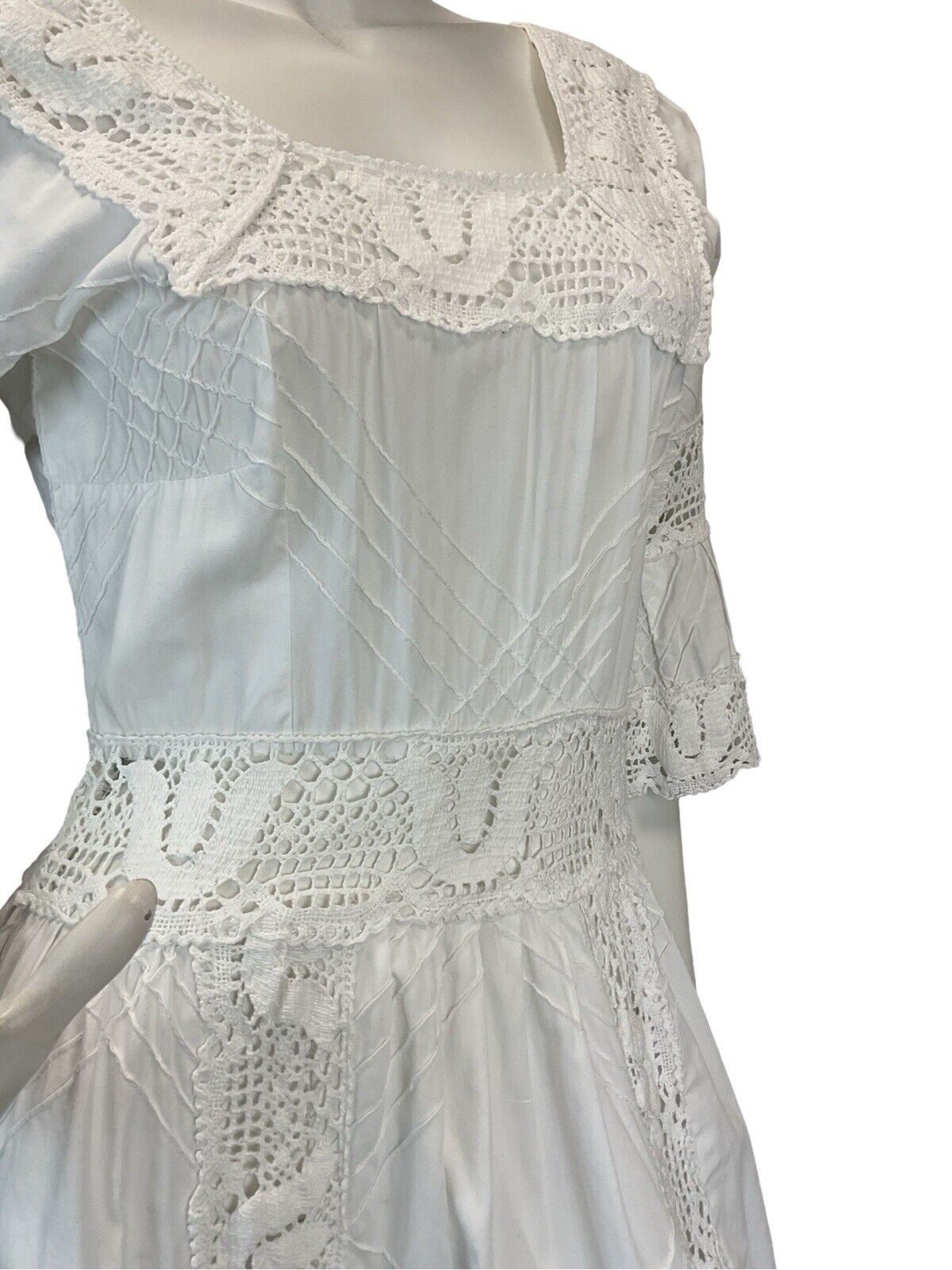 VTG 60s 70s WHITE COTTON BRODERIE LACE PRAIRIE BOHO WEDDING MAXI DRESS 6 8