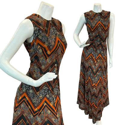 VTG 60S 70S ORANGE BLACK PAISLEY CHEVRON STRIPED FORMAL MAXI DRESS 12